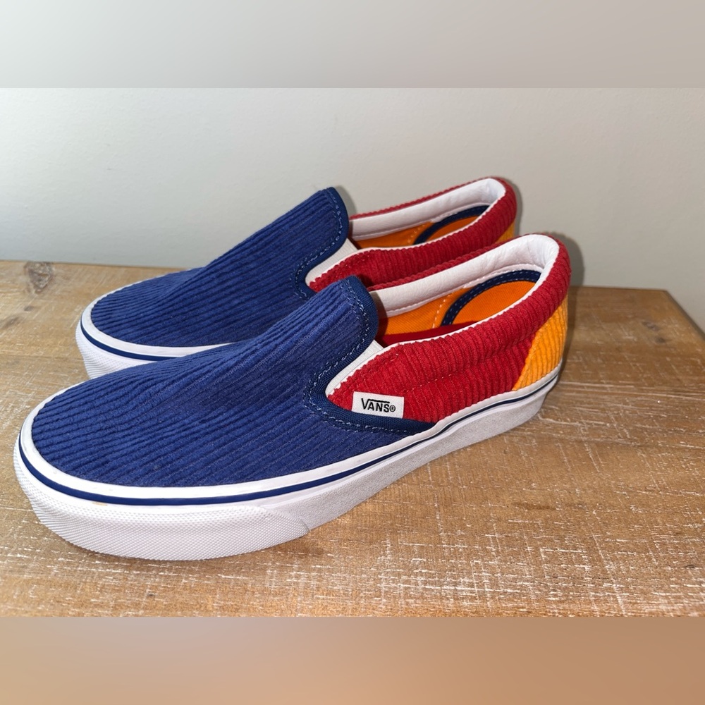 Vans Classic Slip-On Corduroy Womens Size 6 Blue Red Athletic Shoes Sneakers